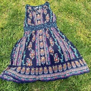 BILA boho sleeveless mid-length sundress, dark blue patchwork Floral print